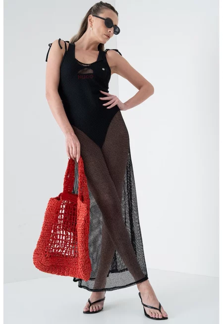 Дълга мрежеста рокля с цепки встрани - Черен