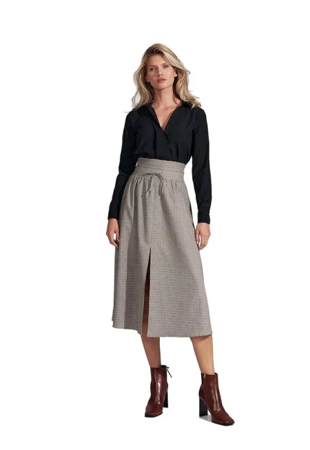 Дълга пола  плисирана - висока талия - сива - найлон и полиестер -