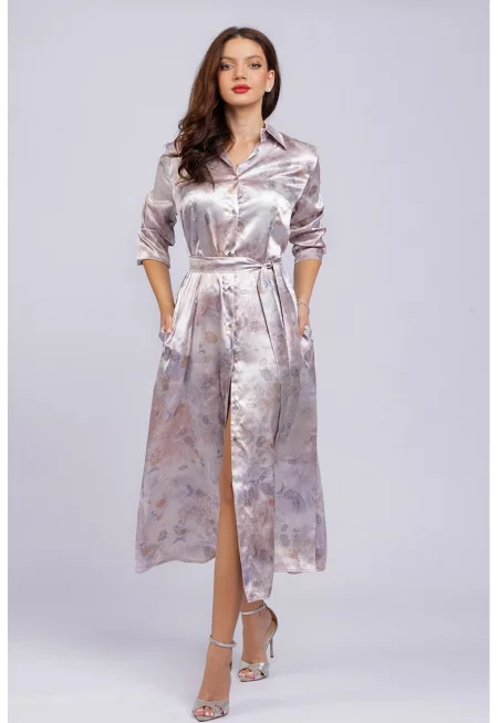 Дълга рокля-риза с джобове - Бежов/Бледа лила