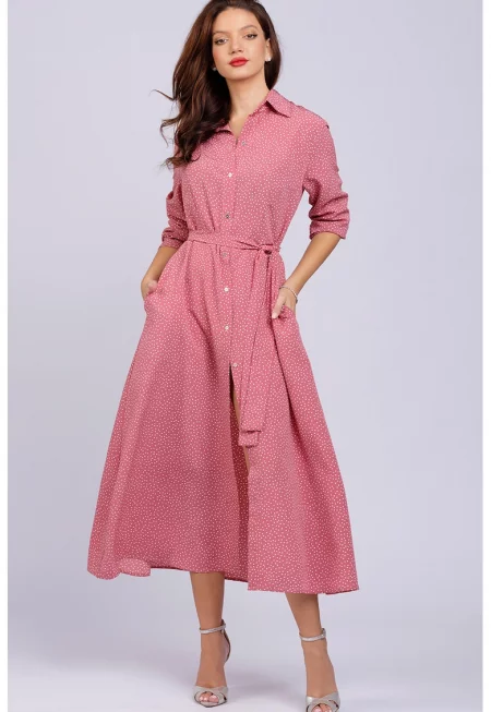 Дълга рокля-риза с джобове - Пастелнорозов/Бял