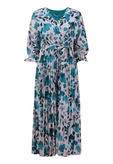 Дълга рокля с плисе - Небесносин/Мръснобял