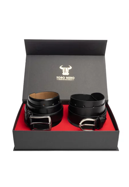 Дамски и мъжки комплект колани - естествена кожа - черен - Middle-Basic