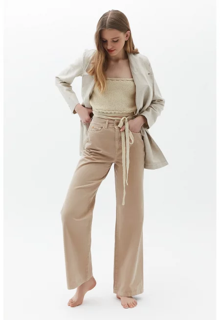 Дънки с висока талия - Крем