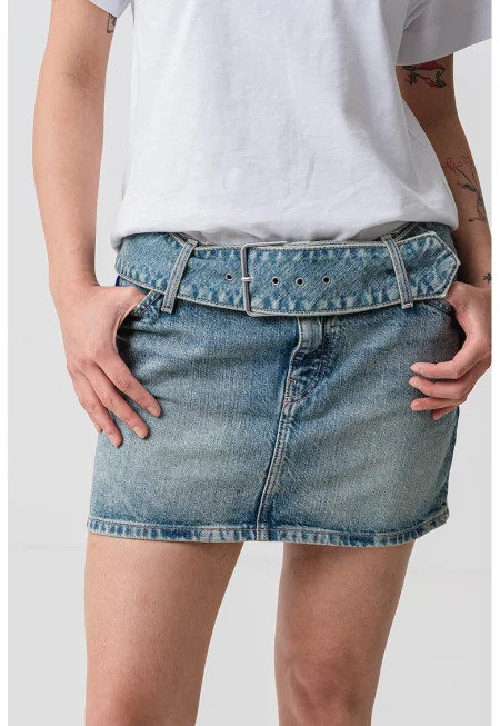 Дънкова пола с ниска талия - Светлосин