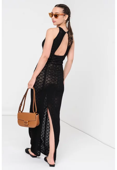 Фино плетена дълга рокля с цепка на гърба - Черен