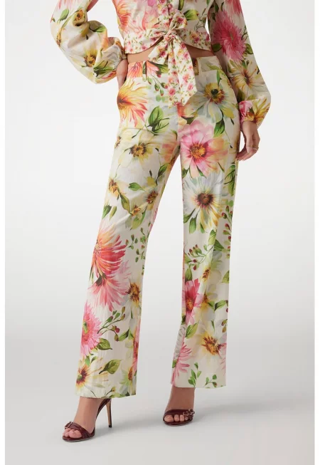 Флорален панталон с десен и странични джобове - Зелен/Бледожълт/Розово