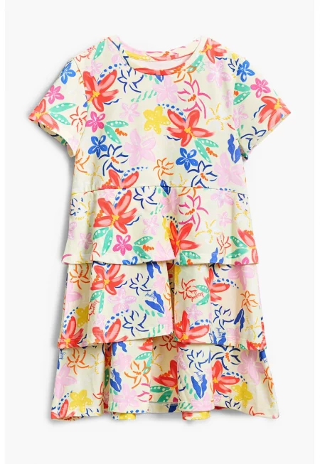 Флорална рокля с дипли - Корал/Пастелнорозов/Светло бежово