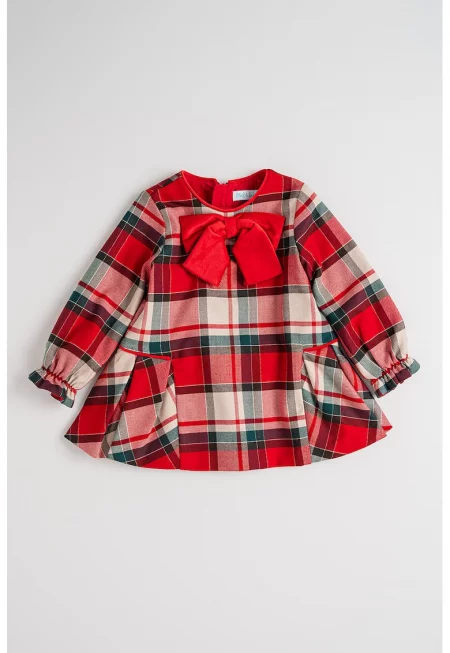 Карирана рокля с памук - Аленочервен/Аква зелено/Светло бежово