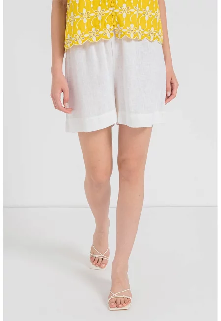 Къс панталон Tokyo с лен с висока талия - Бял