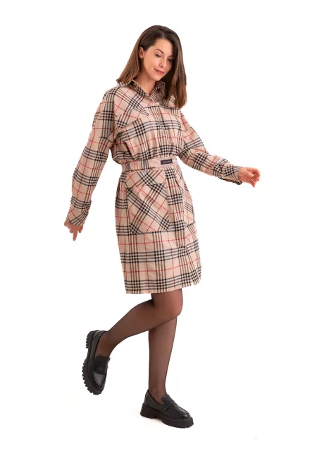 Къса карирана рокля - Червен/Черен/Бежов