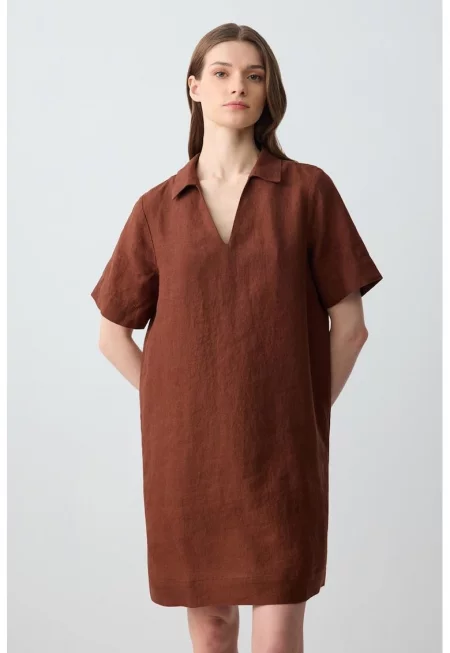Къса права рокля от лен - Коняк кафяв