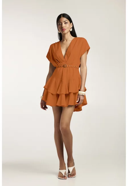 Къса рокля с бамбукови нишки с колан и набиране