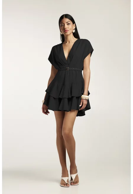 Къса рокля с бамбукови нишки с колан и набиране