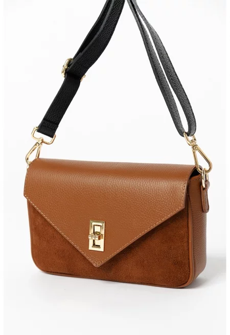 Кожена чанта през рамо с капаче - Черен/Канелено кафяво