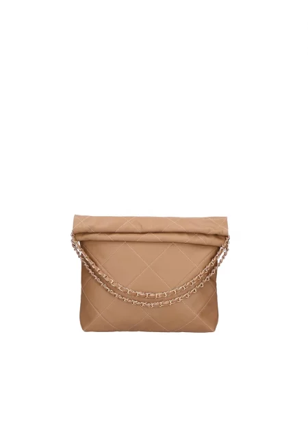 Кожена хобо чанта с презрамки с верижка - Сиво-кафяв