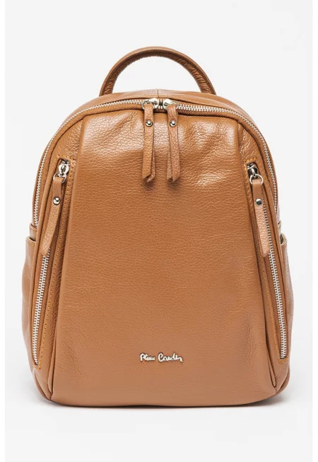 Кожена раница с външни джобове - Кафяв