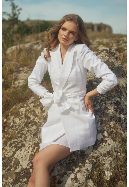 Ленена рокля тип сако - Слонова кост