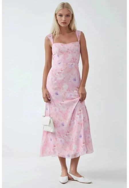 Макси рокля -  флорална - деколте във формата на сърце - ярко розов - текстил