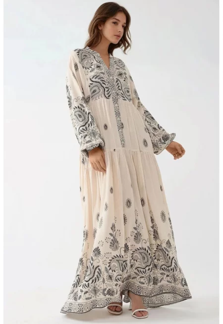 Макси рокля -  V-образно деколте - копчета - сива - текстил