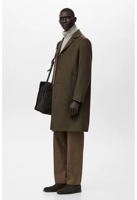 Палто с вълна с копчета - Маслинено зелено