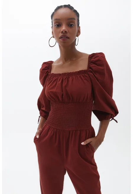 Памучен гащеризон с еластична талия - Бордо