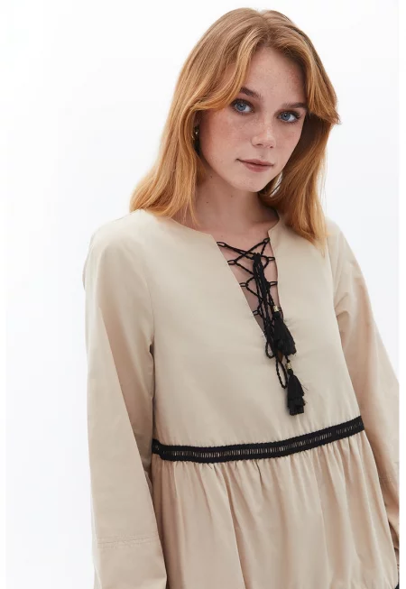 Памучна разкроена рокля - Бежов