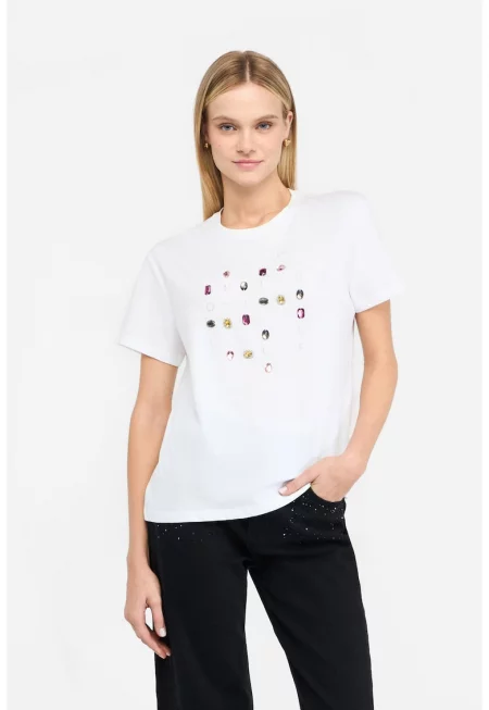 Памучна тениска с декорация - Бял