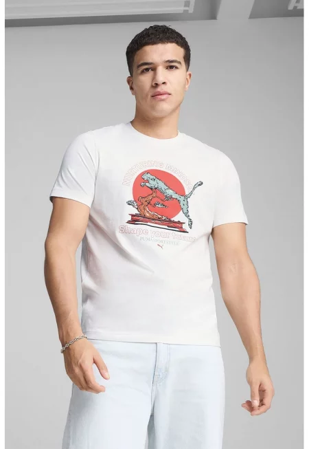 Памучна тениска с овално деколте - Бял/Корал