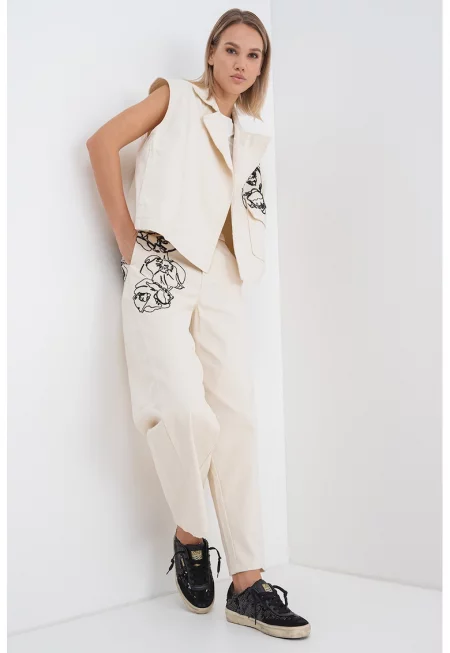 Панталон с флорална бродерия - Слонова кост/Черен