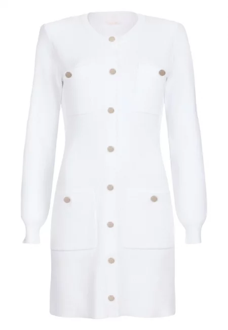 Плетена рокля с подплънки на раменете - Бял