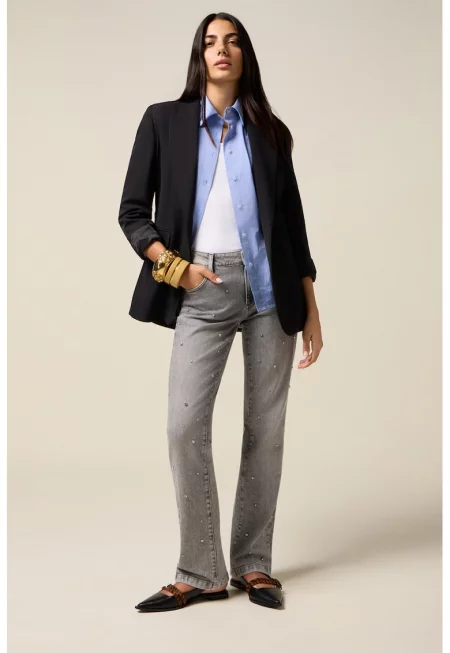 Прави дънки с декоративни камъни - Светло сив