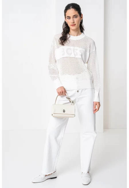 Пуловер Fhein с ажур и овално деколте - Бял