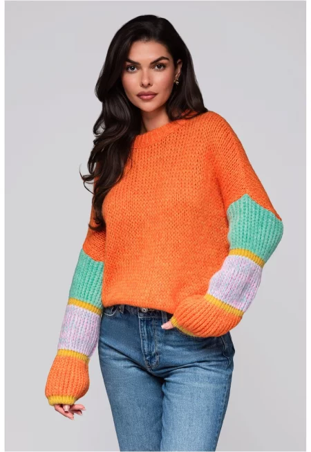Пуловер с райета на ръкавите  LW-SWSW-0107 - Оранжев