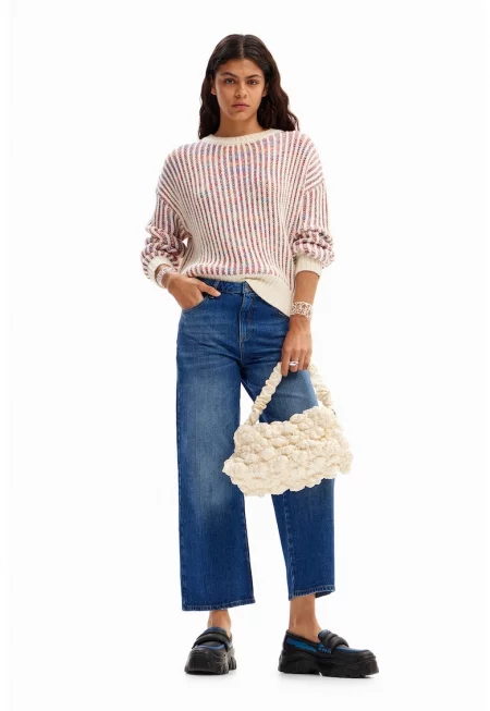 Раиран плетен пуловер - Мръснобял/Розово