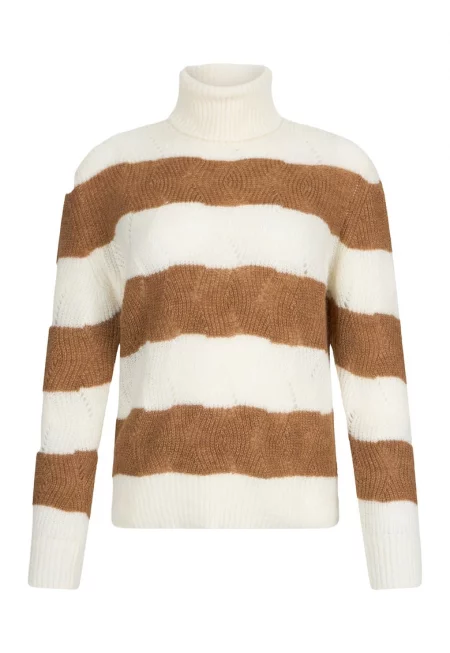 Раиран пуловер с вълна - Тъмнокафяв/Мръснобял