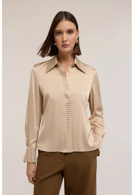 Риза от сатен с декоративни камъни - Златист/Тъмнобежово