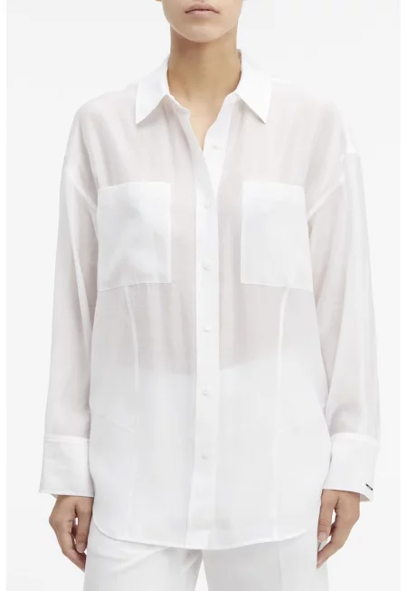 Риза с лиосел с джобове на гърдите - Бял