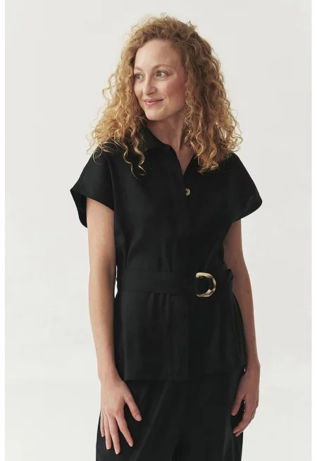 Риза Umbria с лен с къси ръкави - Черен