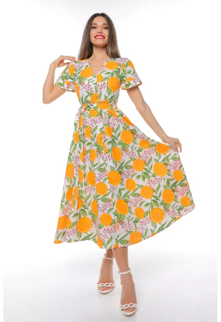 Рокля-риза с колан - Оранжев/Бледозелен