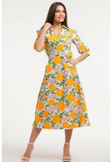 Рокля с шпиц - Бял/Зелен/Оранжев