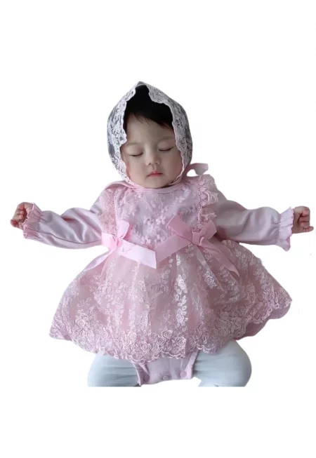 Розова рокля за момиче с цветя Paloma с дълъг ръкав