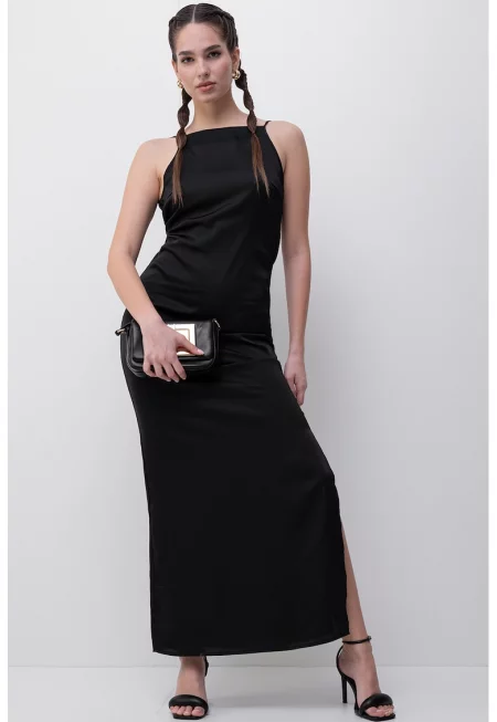 Сатинирана рокля Chigo с цепка встрани - Черен