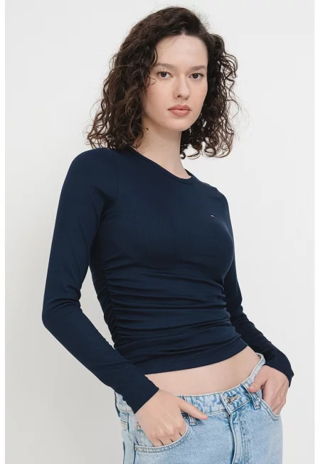 Слим блуза с набрани страни - Тъмносин