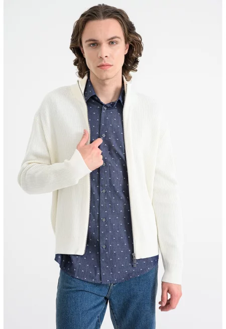 Слим пуловер с цип - Мръснобял