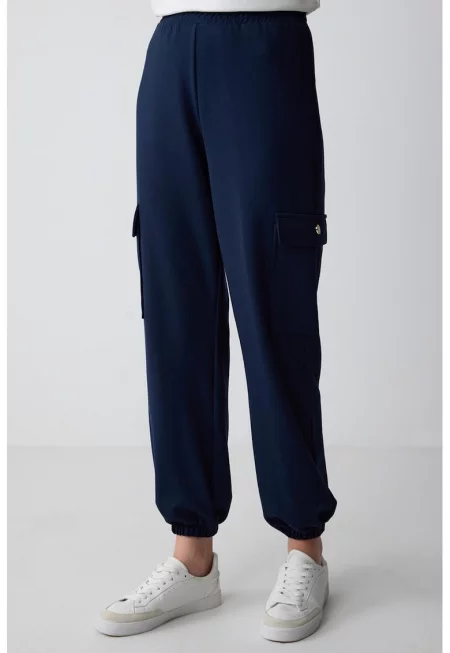 Спортен карго панталон с висока талия - Тъмносин