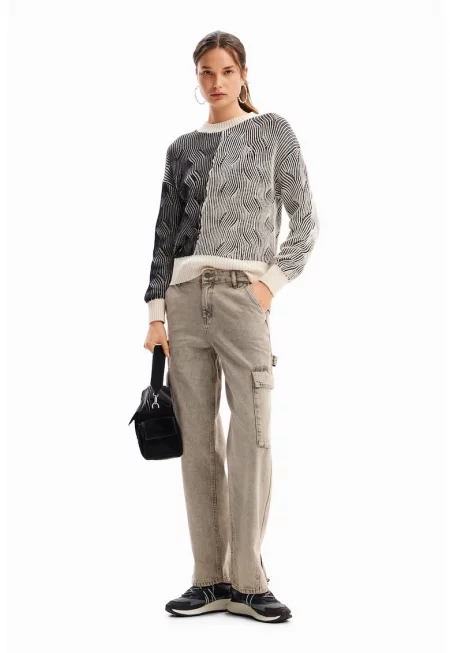 Суитшърт с овално деколте и паднали ръкави - Сив/Избеляло черно