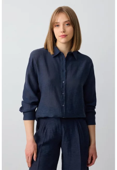 Свободна риза с лен - Ултрамарин синьо