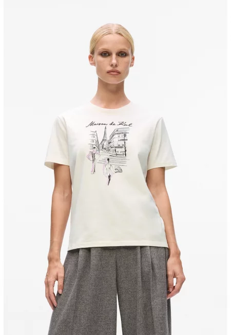 Тениска от органичен памук с фигурален принт - Черен/Лилав/Бял