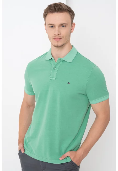 Тениска от органичен памук с яка - Аква зелено