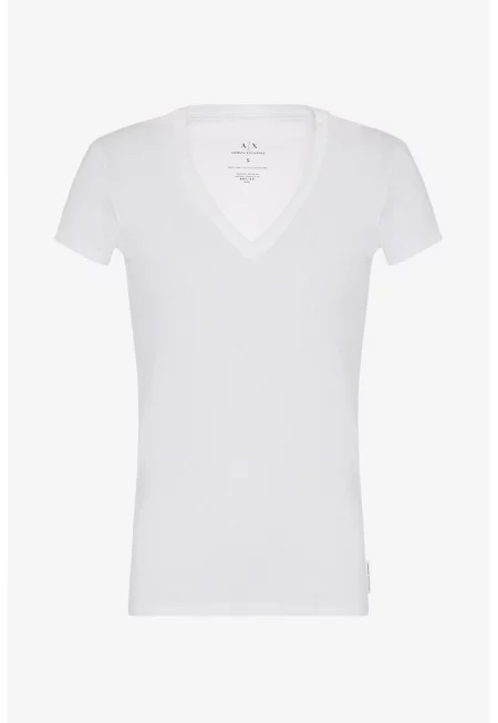 Тениска от памук Пима с шпиц деколте - Бял